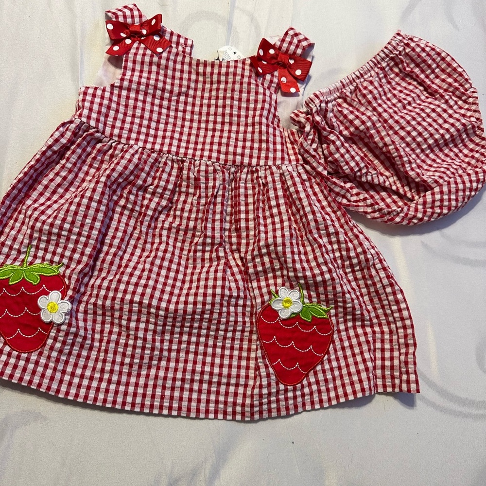 Red Gingham Baby Dress with Strawberry Appliqué